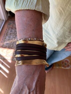 UNO de 50 Ibiza Wide Gold Bracelet with Brown Leather wrap around straps.